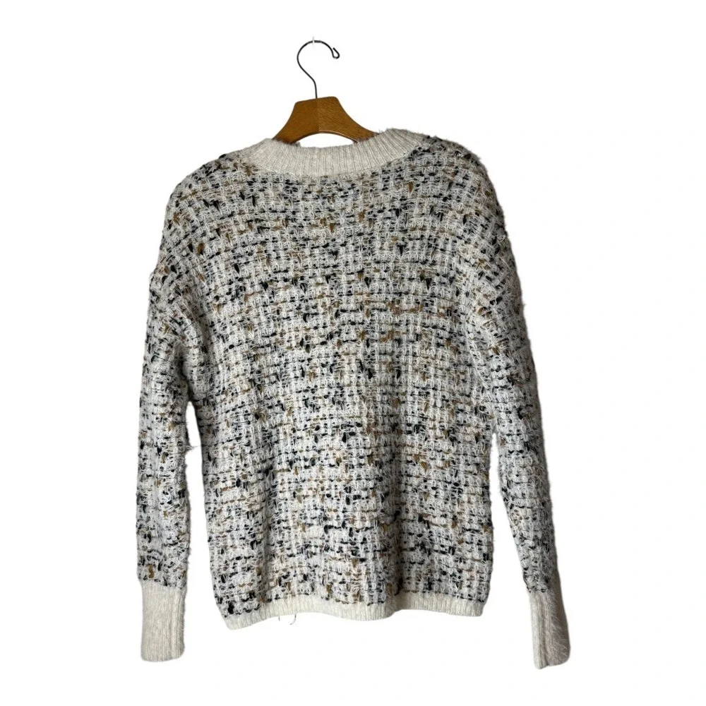 Bobeau Sweater Women XS Ivory Black Tweed‎ Knit Side Zip Crew Neck Pullover NWT